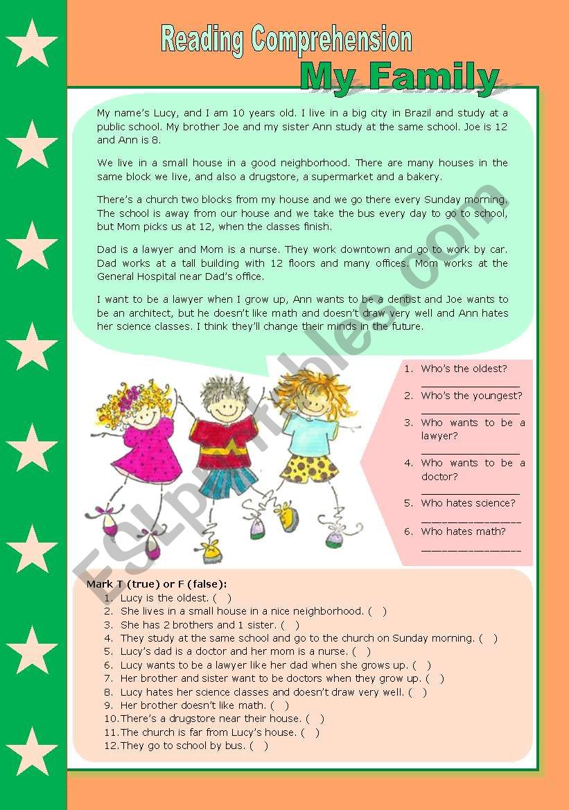 Family + there to be (present) + superlatives + places in the cityâ€“ [reading comprehension + vocabulary + grammar} 4 tasks included ((2 pages)) ***editable